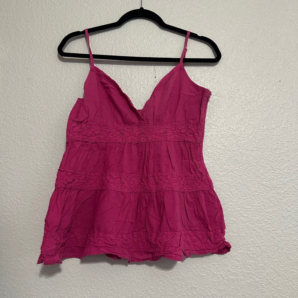 Mystic Magenta Cotton Crochet Lace Tiered Babydoll Cami Top Smocked Back Size L